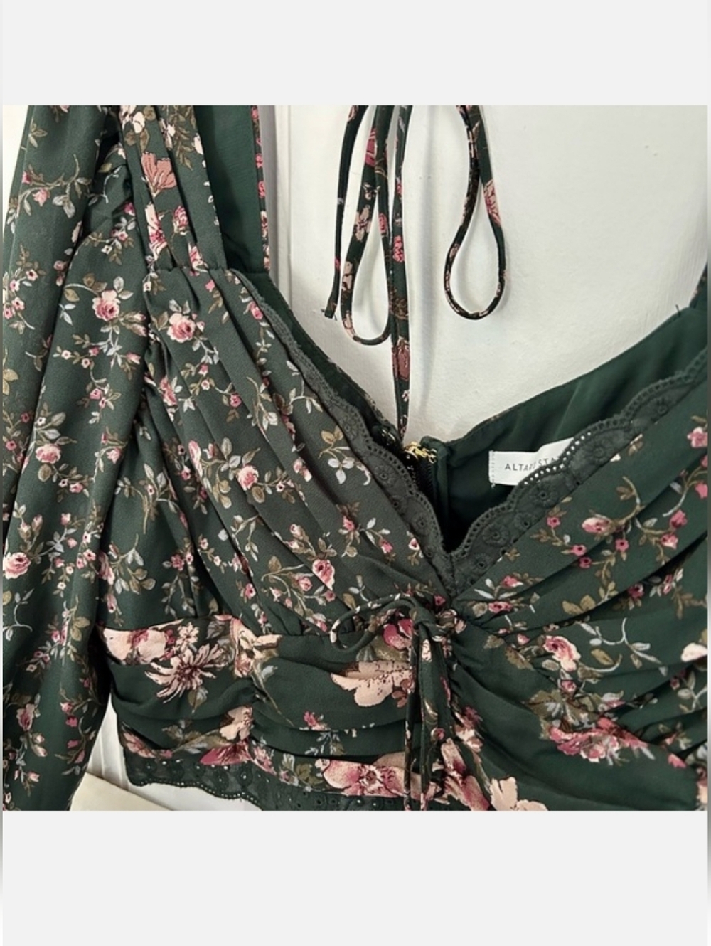 Altar'd State Dark Green Floral Lace-Trim Cropped Peasant Top